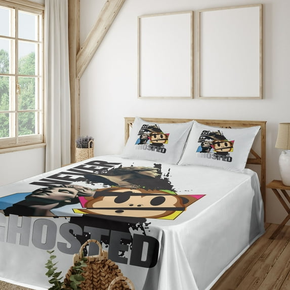 Ambesonne Emoji Fitted & Top Sheet Set with Shams, Antique Sculptures and Monkey, White Chocolate Pale Grey