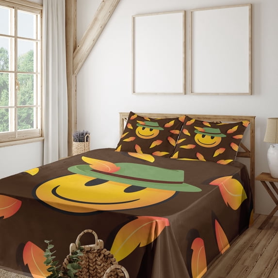 Ambesonne Emoji Fitted & Top Sheet Set with Shams, Oktoberfest Traditional Fall, Umber Mustard