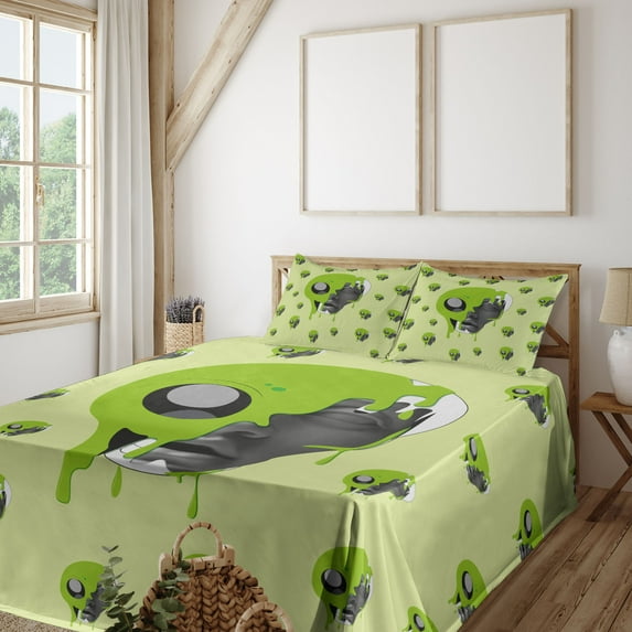 Ambesonne Emoji Fitted & Top Sheet Set with Shams, Outer Space Alien Pattern, Lime Green and Pale Green