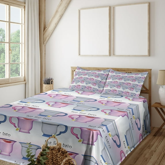 Ambesonne Emoji Fitted & Top Sheet Set with Shams, Pastel Tea Party Concept Cups, Pale Ceil Blue and Mustard