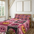 thumbnail image 1 of Ambesonne Emoji Fitted & Top Sheet Set with Shams, Pop Art Smiling Faces XO Art, Pastel Pink Mustard Black, 1 of 5