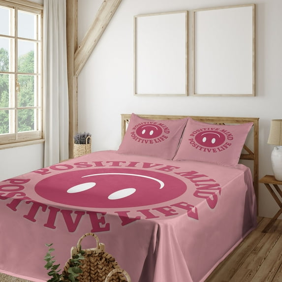 Ambesonne Emoji Fitted & Top Sheet Set with Shams, Saying with Smiling Face Art, Pale Pink White
