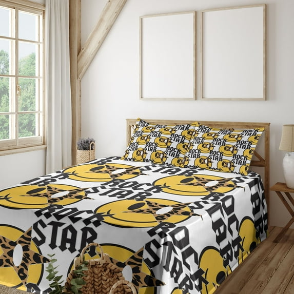 Emoji Sheet Set, Rock Star Lettering with Glam Themed Leopard Print Stars Smiling Faces, Fitted & Flat Sheet with Pillowcase Bedding Accent 4 Pcs Set, Calking, Mustard Dark Grey Camel, by Ambesonne