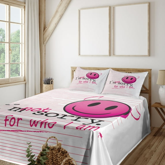 Ambesonne Emoji Fitted & Top Sheet Set with Shams, Smiling Evil Face and Writing, White Pink and Magenta