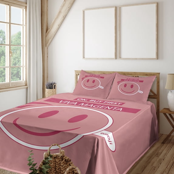 Ambesonne Emoji Fitted & Top Sheet Set with Sham, Simple Saying and Funny Face, Pastel Pink White