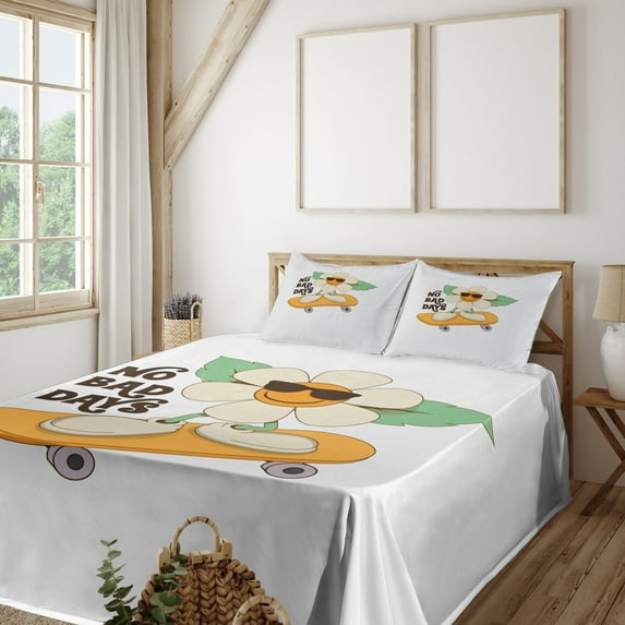 Ambesonne Emoji Fitted & Top Sheet Set with Shams, Street Skating Floral Face, White Mustard Champagne