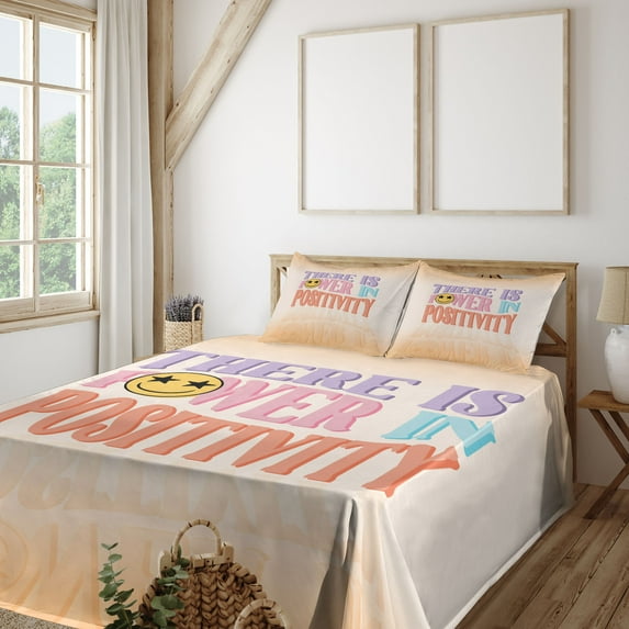 Emoji Sheet Set, There is Power in Positivity Saying with Starry Eyes Funny Round Face Pastel, Fitted & Flat Sheet with Pillowcase Bedding Accent 4 Pcs Set, Full, Peach Multicolor, by Ambesonne