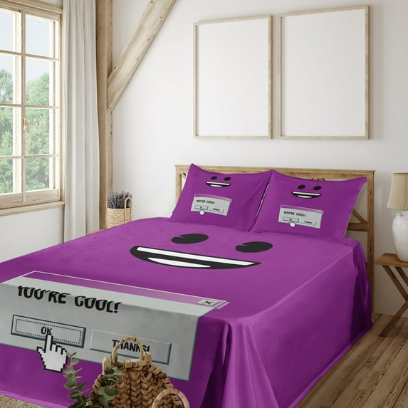 Ambesonne Emoji Fitted & Top Sheet Set with Shams, Retro Computer You're Cool, Fuchsia Black Grey