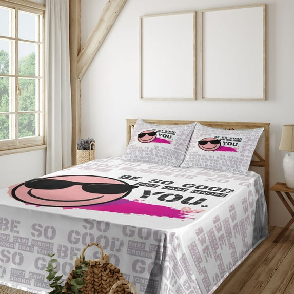 Ambesonne Emoji Fitted & Top Sheet Set with Shams, Cool Sunglasses Funny Face, Pale Mauve Magenta and Black