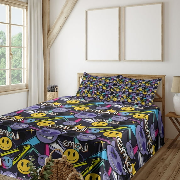 Ambesonne Emoji Fitted & Top Sheet Set with Shams, X Shaped Eye Evil Faces Print, Violet and Multicolor