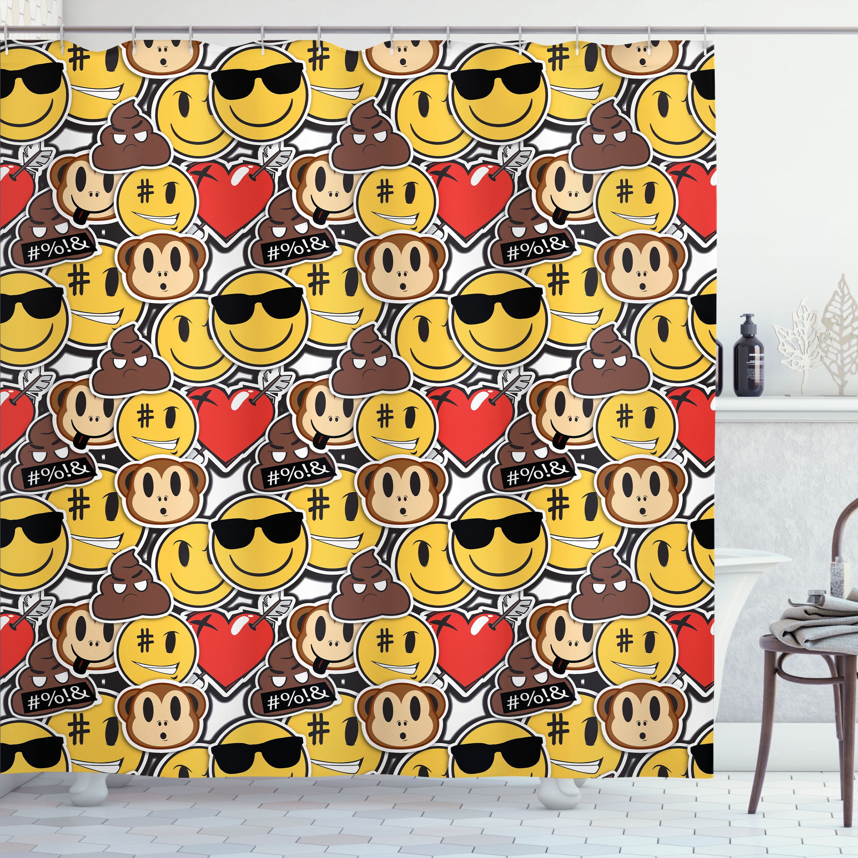 Emoji Shower Curtain, Angry Pile of Poo Funny Faces Monkeys Classic