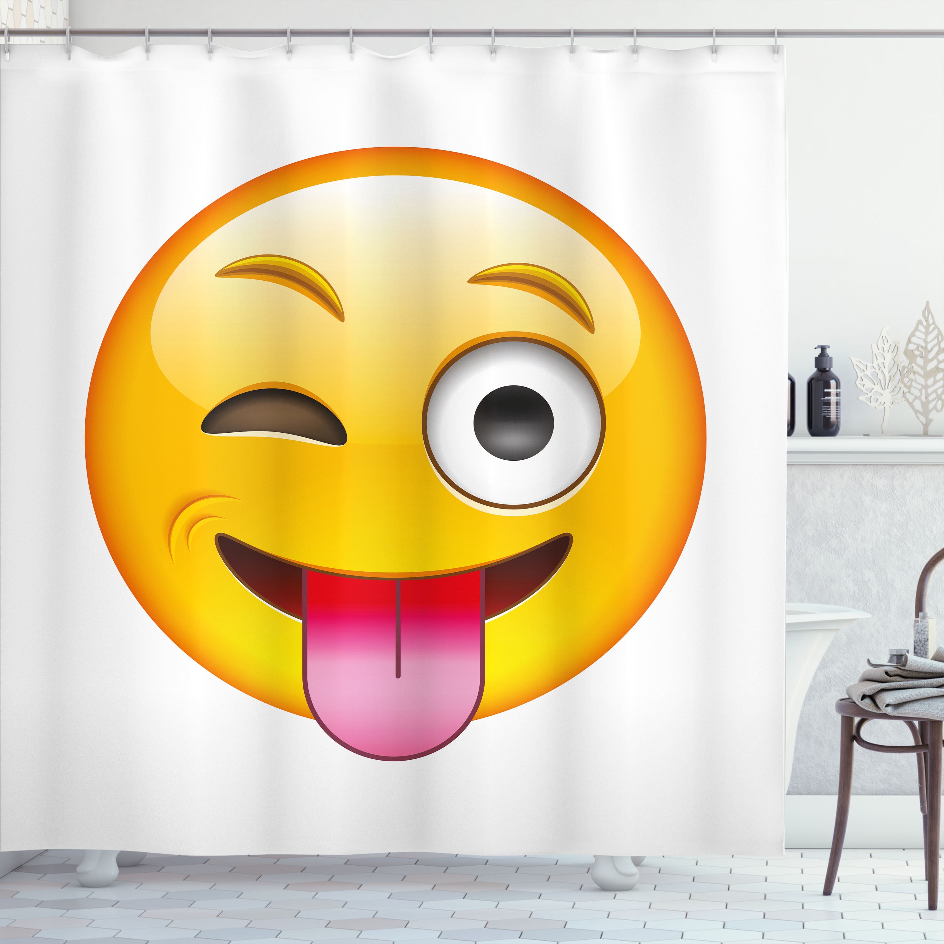 Emoji Shower Curtain, Cartoon like Technologic Smiley Flirty Sarcastic