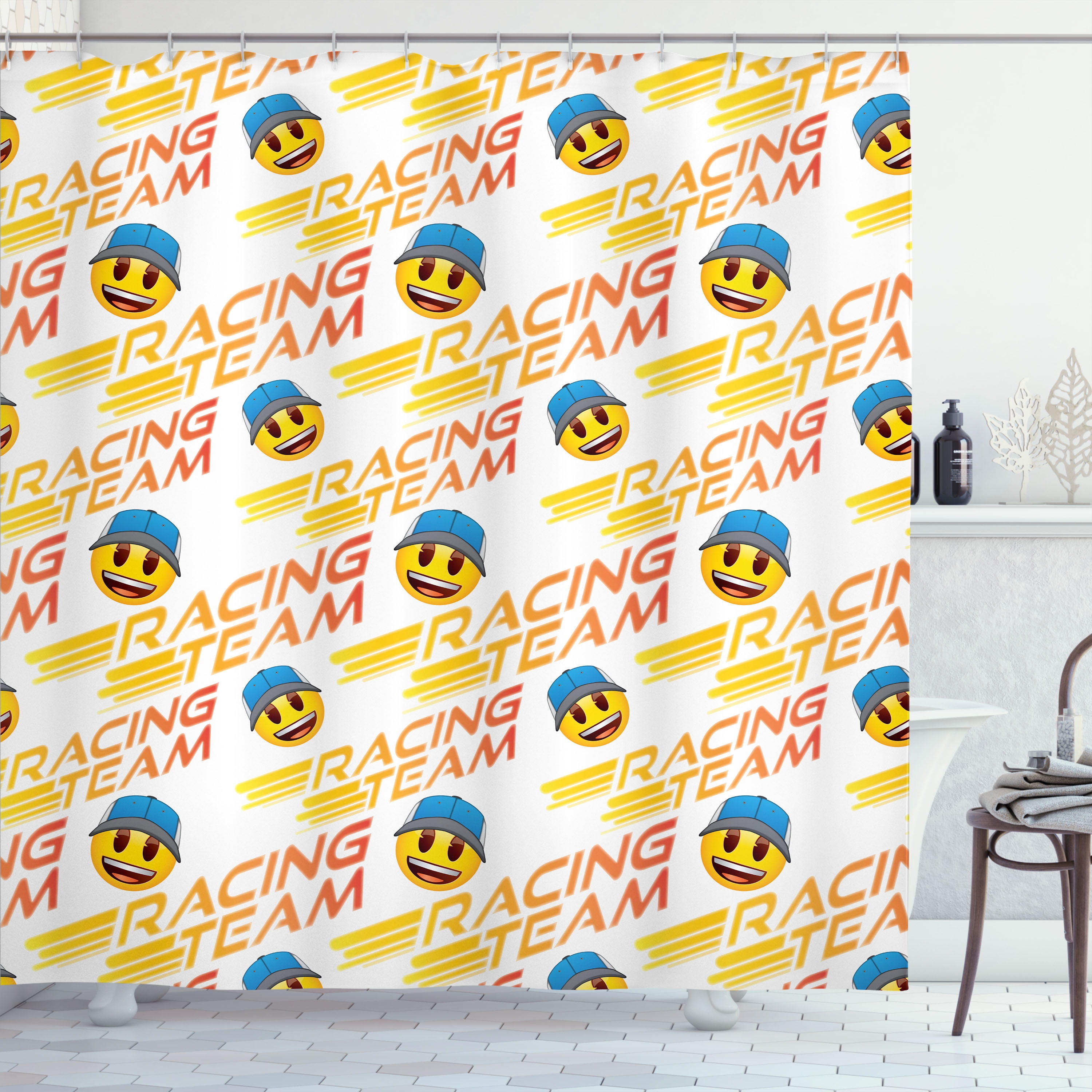 Emoji Shower Curtain, Happy Smiling Character with a Hat and Racing Team Lettering Pattern