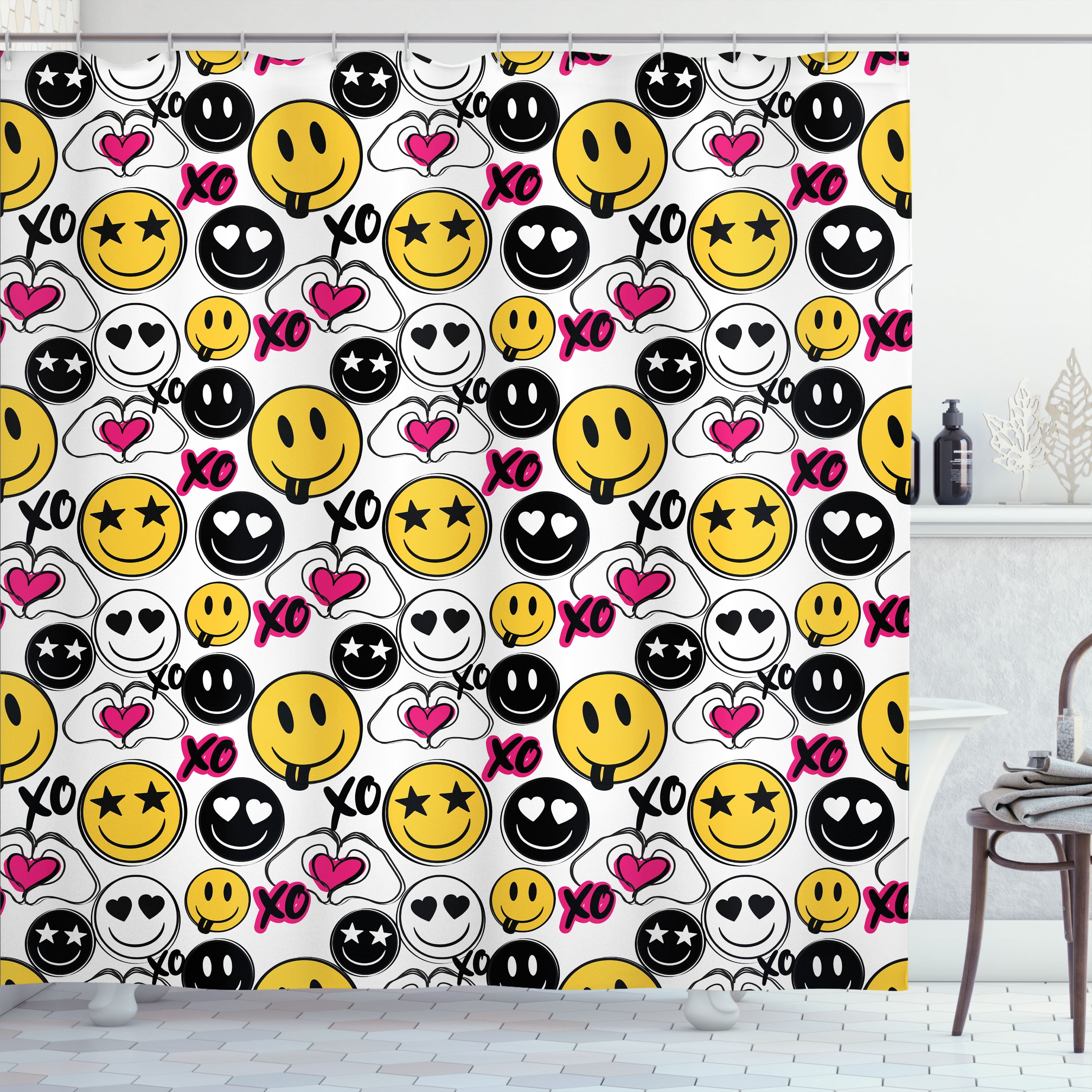 Emoji Shower Curtain, Modern Art of Starry Eyes Smiling Faces Fun