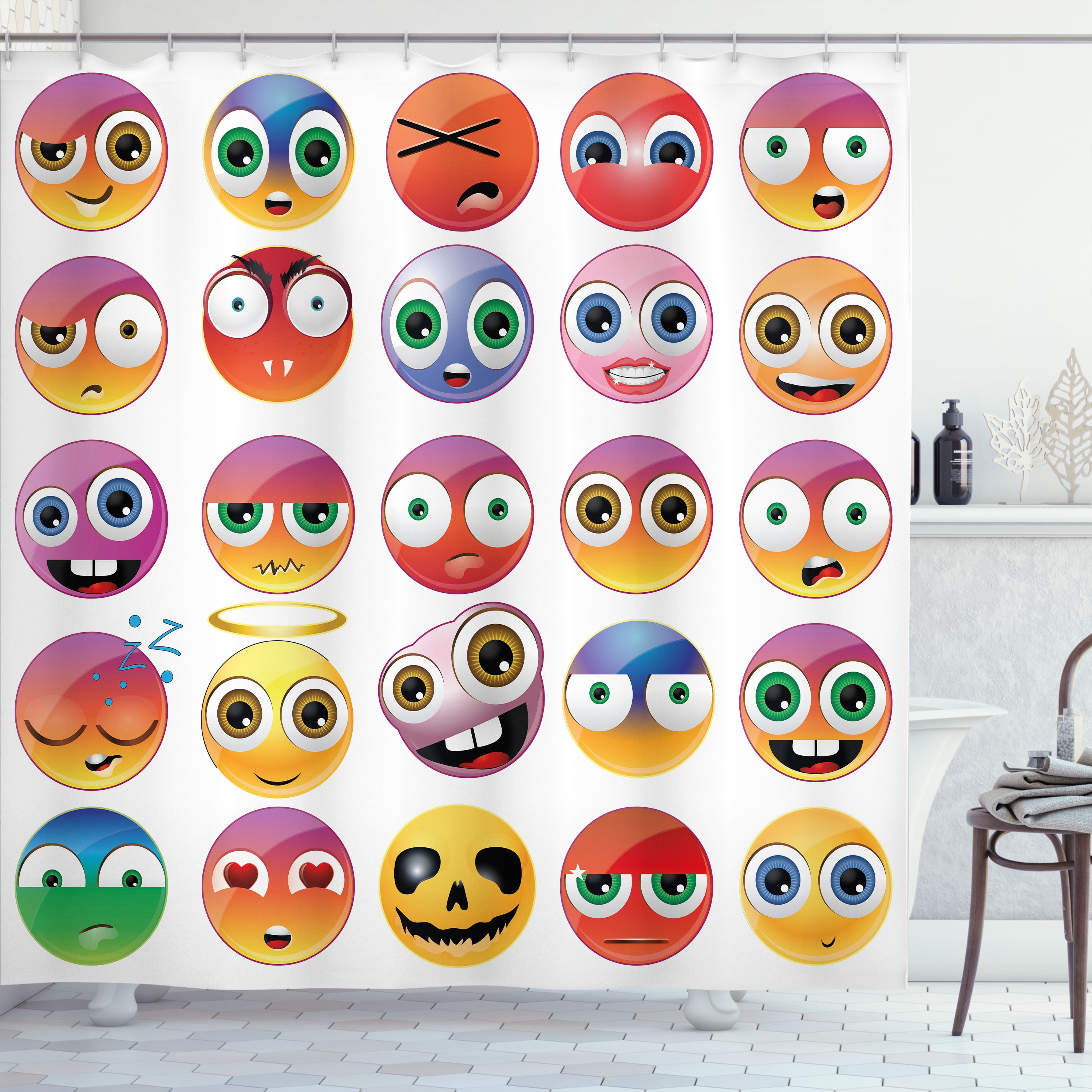 Emoji Shower Curtain, Rainbow Colored Cartoon Like Smiley Face