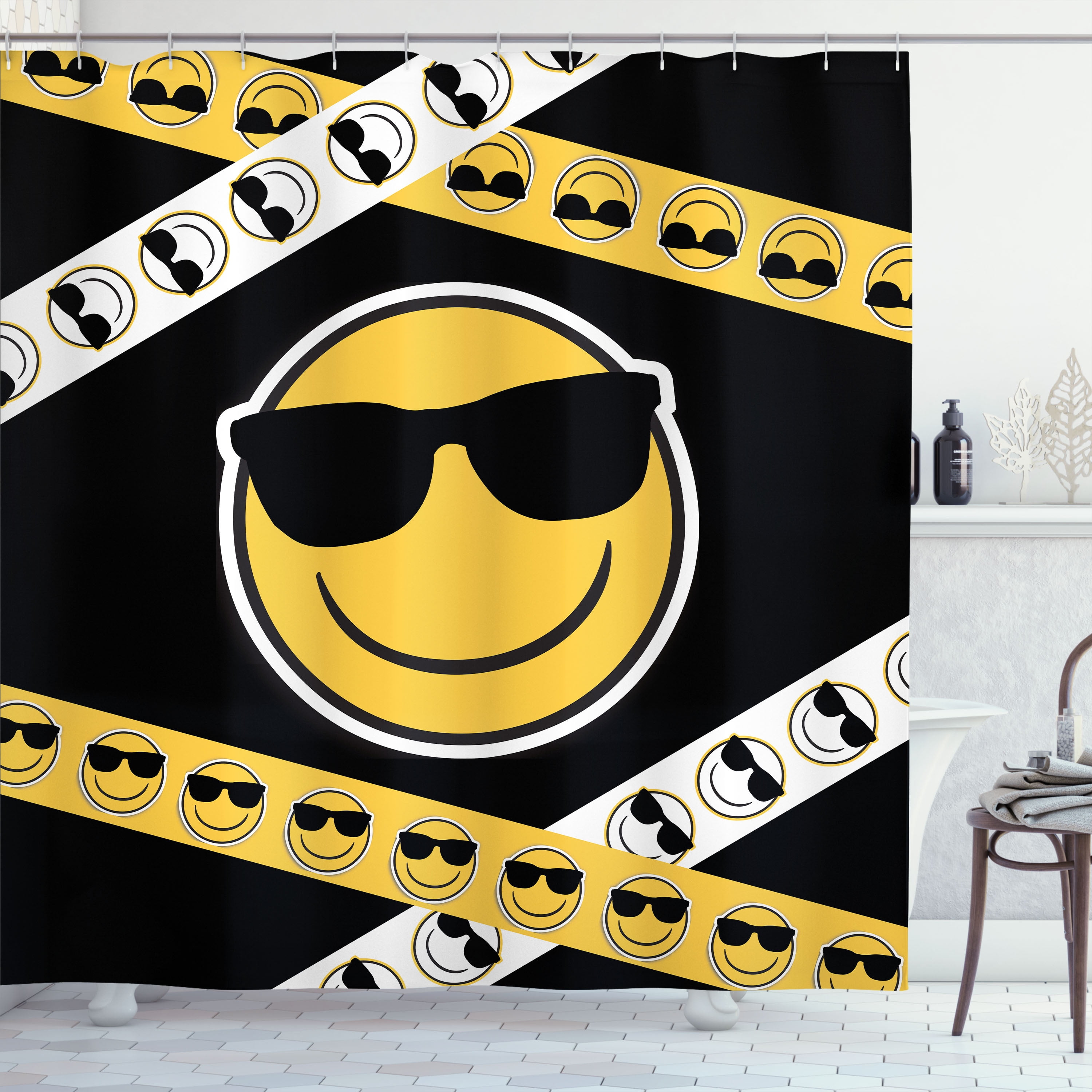 Emoji Shower Curtain, Simple Design Pattern of Bicolored Smiling Funny Face with Sunglasses