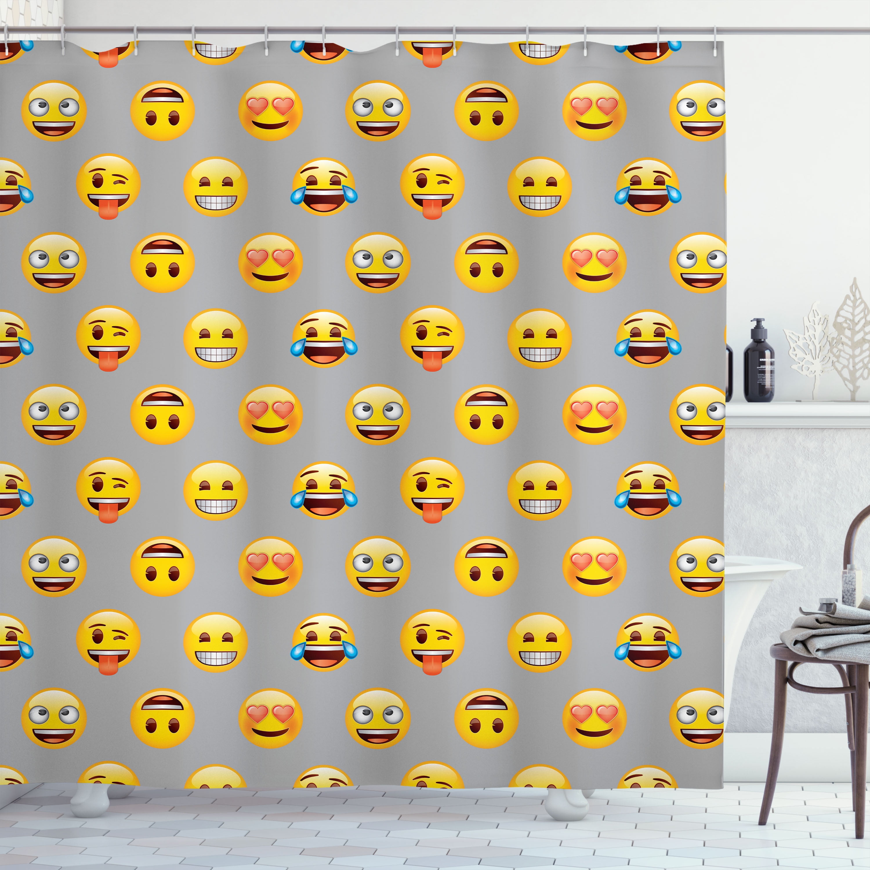 Emoji Shower Curtain, Simple Modern Funny Faces with Happy Surprised ...