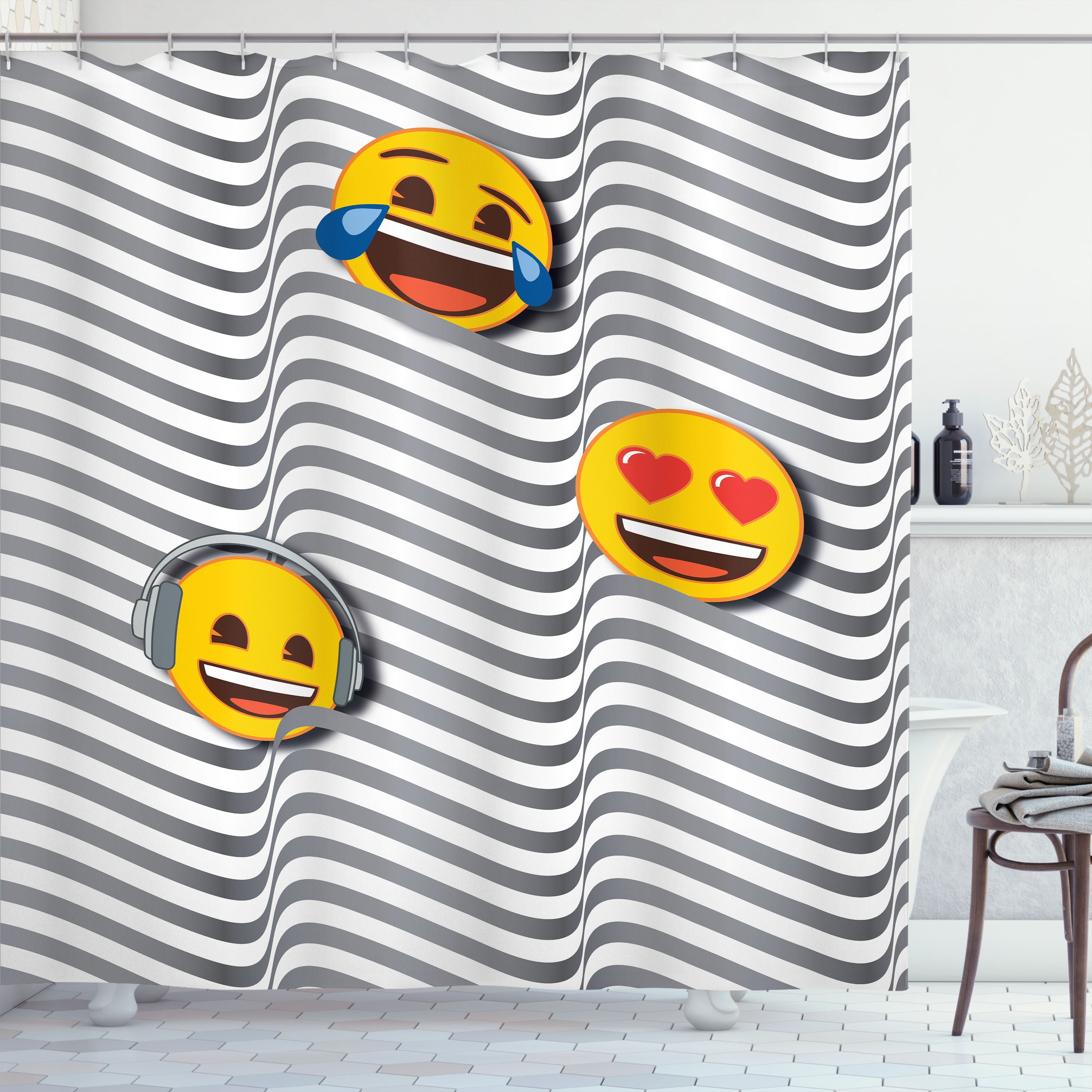 Emoji Shower Curtain, Smiling Classic Yellow Faces on Groovy Striped