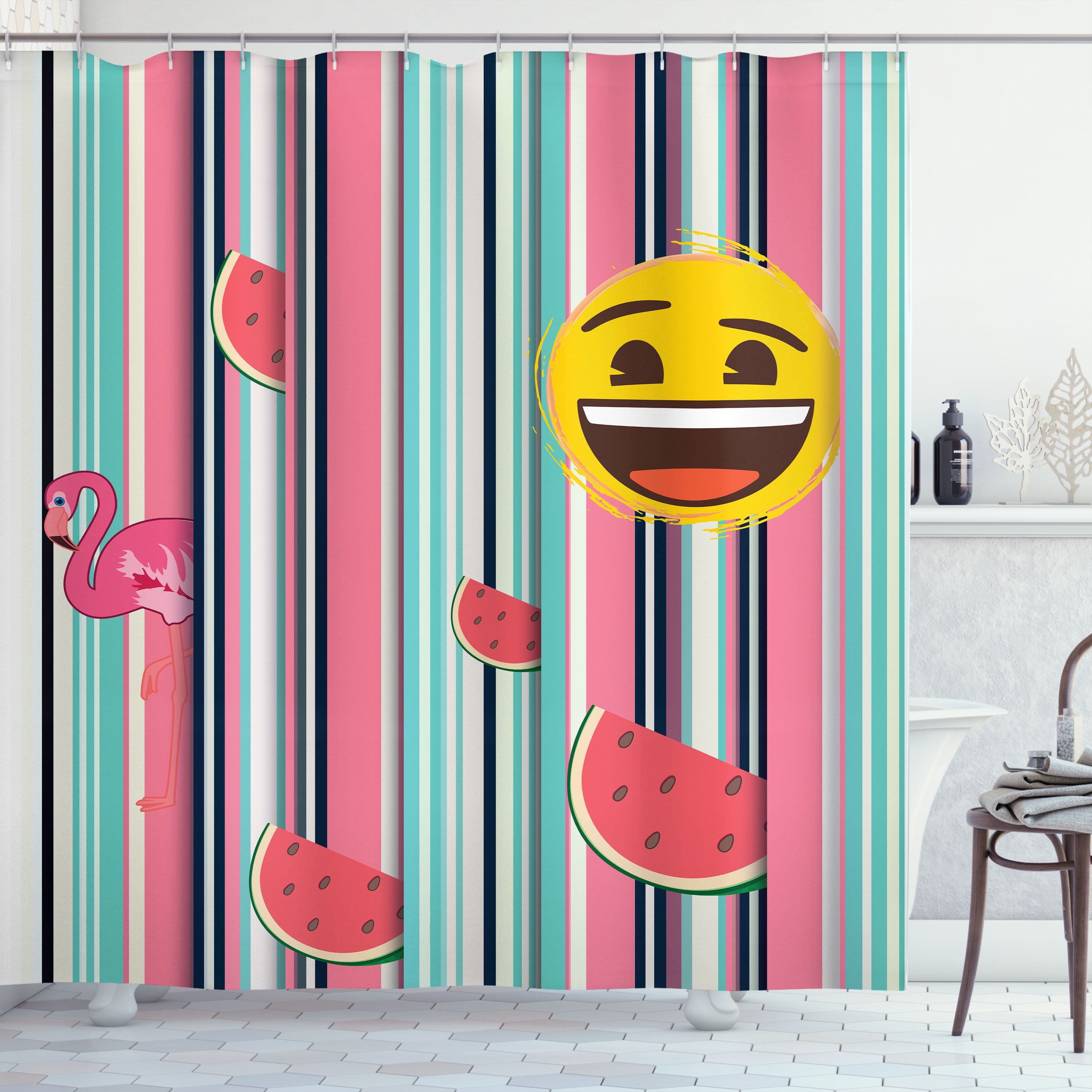 Emoji Shower Curtain, Tropical Flamingo and Watermelon with Classic