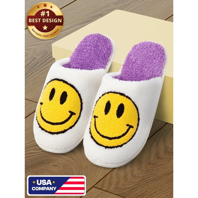 Emoji Slippers for Women, Fuzzy House Shoes, Smiley Face & Heart Eyes