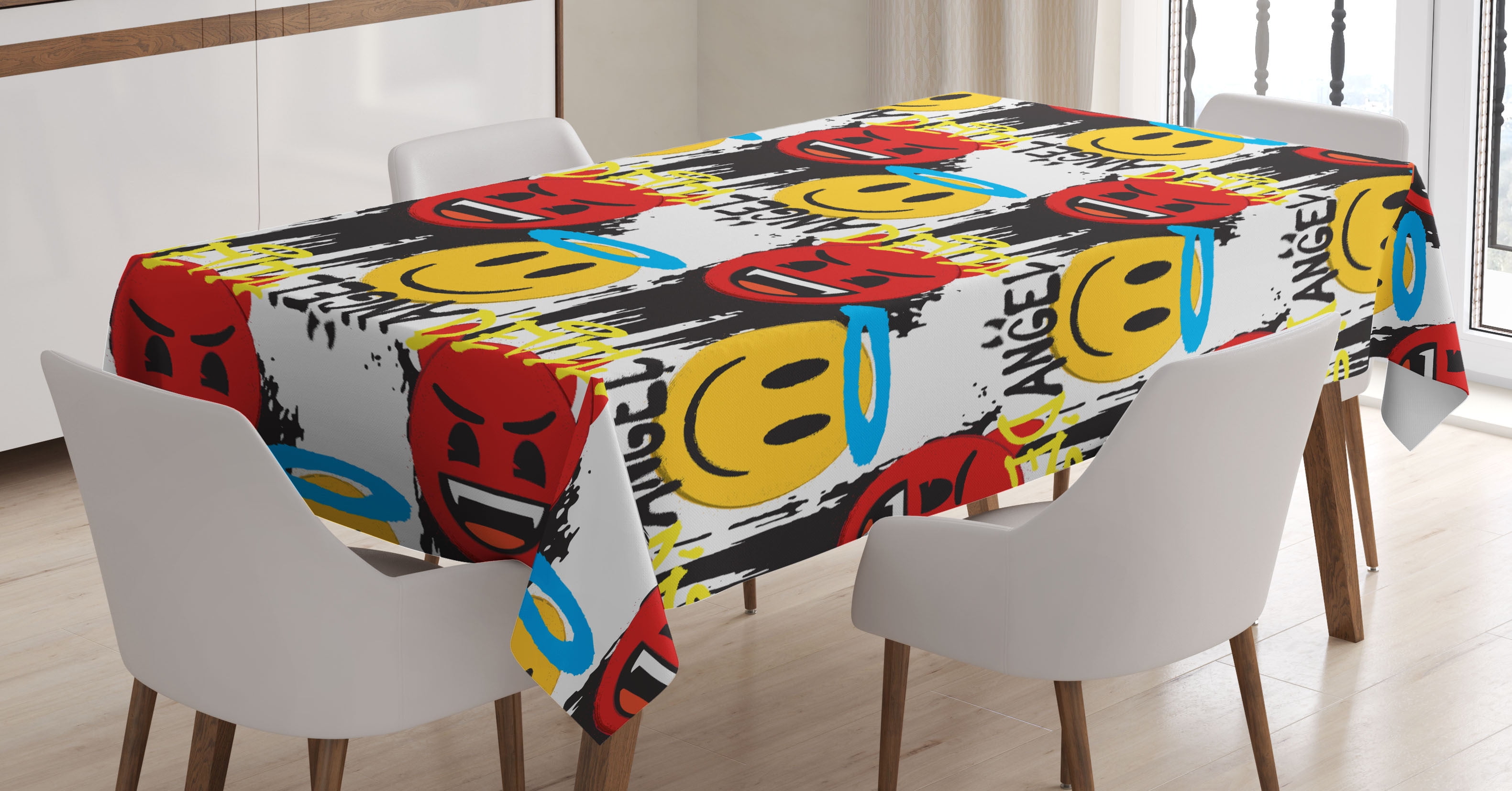 Emoji Tablecloth, Mean and Kind Characters Smiling Laughing Graffiti