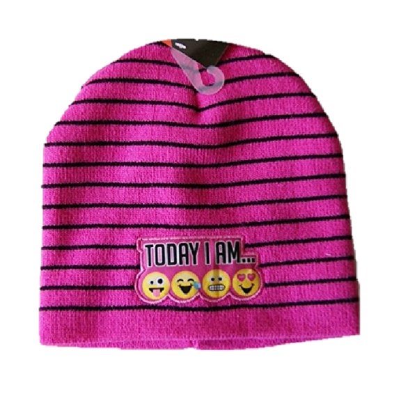 Emojination Girls Pink & Black Stripes Emoji Knit Beanie Winter Stocking Hat