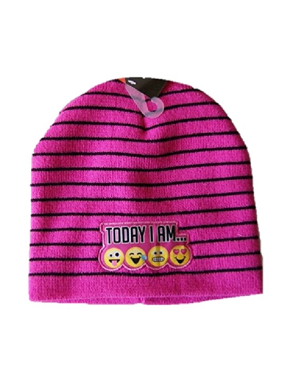 Emojination Girls Pink & Black Stripes Emoji Knit Beanie Winter Stocking Hat
