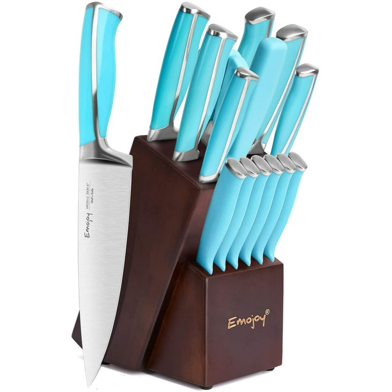 Emojoy Knife Set, 15-Piece Kitchen Knife Set with Block Wooden, Lake Blue  Handle for Chef Knife Set, Kitchen Knives Sharpener and Scissors German