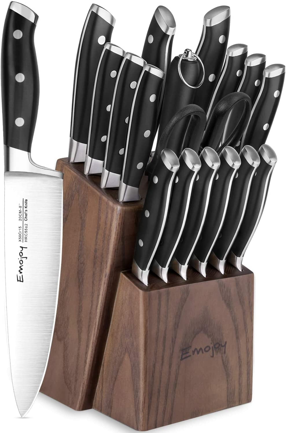 Knife Set, Emojoy 15 Piece Kitchen Knife Set with Block Wooden, German  Stainless Steel Sharp Chef Knife Set with Sharpener, Dishwasher Safe and  Rust