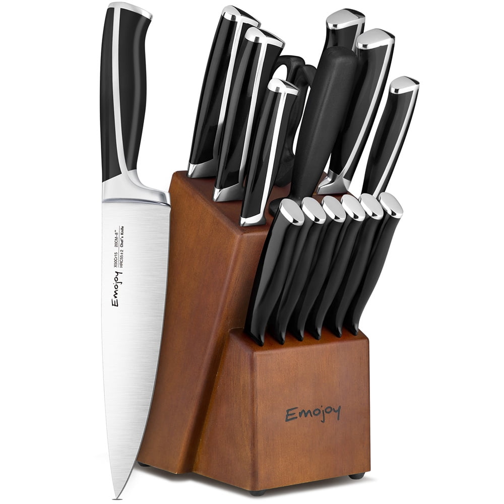 Emojoy 15Pcs Kitchen Knife Set with Block and Built-in Sharpener, Stainless  Steel Knife Block Set, Dishwasher Safe, Black