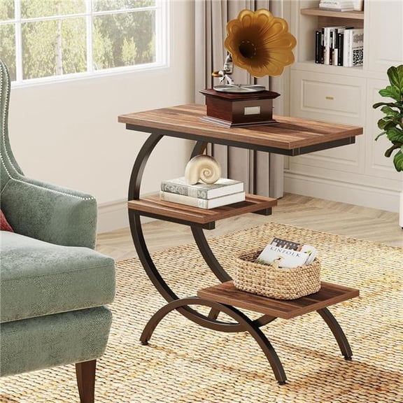 Emoottoo TB-JW0627 11.81 in. 3-Tier Industrial C-Shaped End Table with Storage Shelves - Small - Rustic Brown