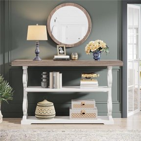 Emoottoo TB-RY0053 55 in. Farmhouse French Country Console Table with 3 Storage Shelves - Gray & White