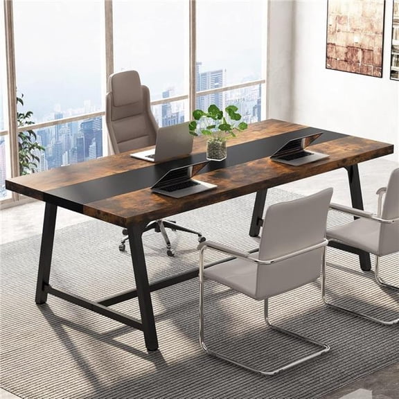 Emoottoo TB-F1969 70.87 in. Modern Rectangular Conference Table Executive Desk with Durable Metal Frame - Large - Rustic Brown & Black