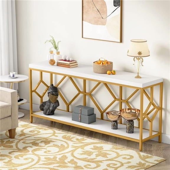 Emoottoo TB-F1913 70.9 in. 2-Tier Extra Long Console Table - Industrial Narrow Behind Couch with Diamond Pattern Metal Frame - White & Gold