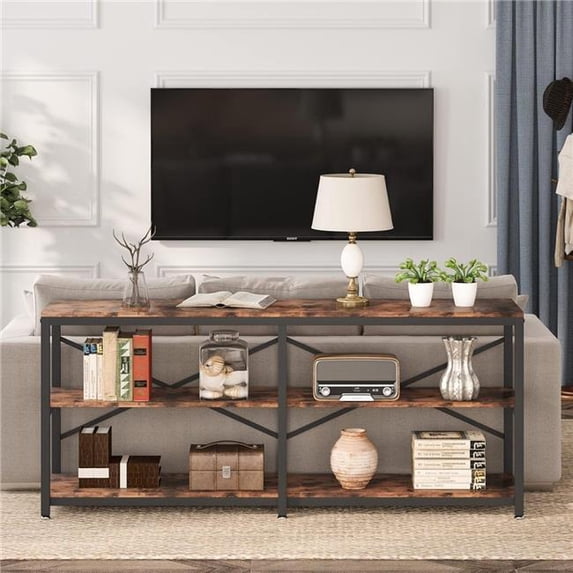 Emoottoo TB-J0105X 70.9 in. 3-Tier Extra Long Console Table with Storage Shelves - Industrial Behind Couch - Rustic Brown