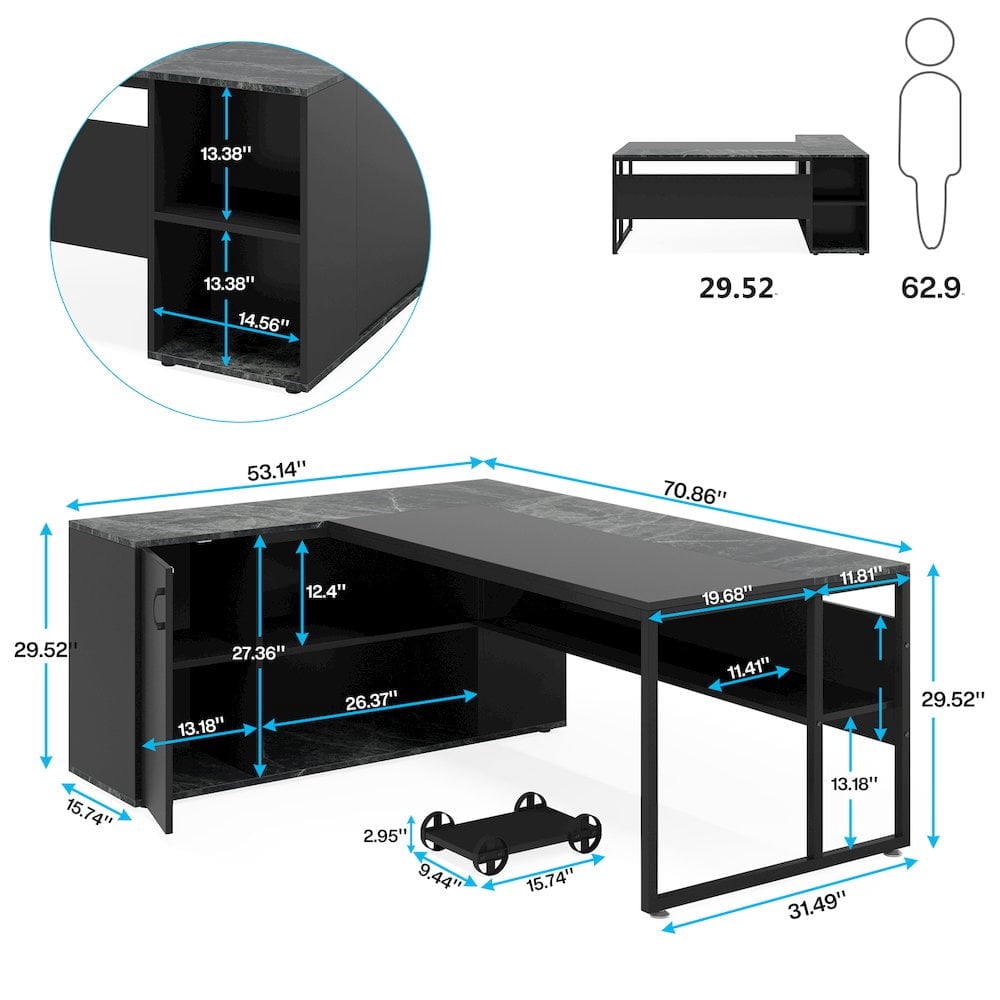 KIOOTTO 71" L-Shaped Executive Desk with Storage Cabinet, Printer Stand and CPU Stand, Black Corner Computer Desk