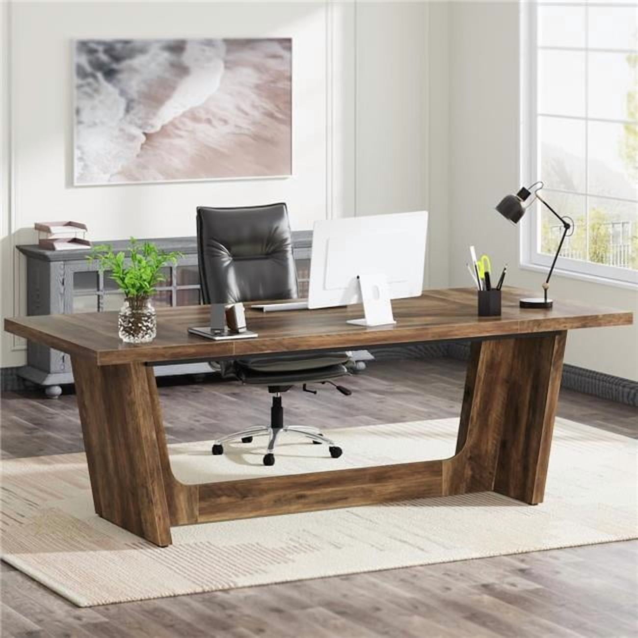 Emoottoo TB-JW0716 71 in. Executive Industrial Rustic Wood Computer Desk with Solid Wooden Pedestal - Large - Rustic Brown