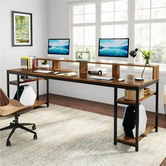 Emoottoo TB-RY0118 78.74 in. Two Person Desk with Monitor Stand & Storage Shelves - Large - Rustic Brown