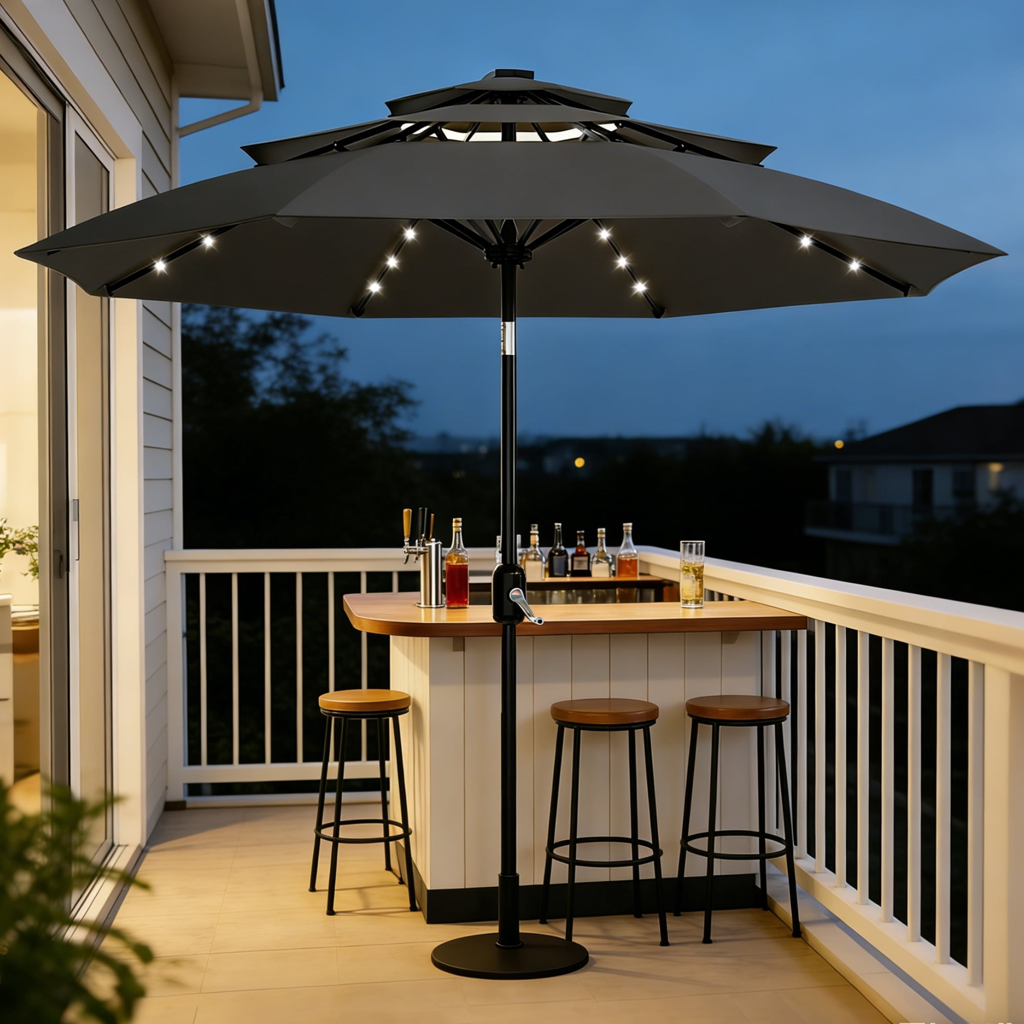 Emorefun 10ft Outdoor Table Umbrella, Portable Patio Umbrella with Solar Lights and 3-Tier Vents, Gray