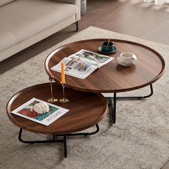 Emorefun 2Pcs Small Nesting Coffee Table, Round Wood Center Table for Living Room, Bedroom, Walnut