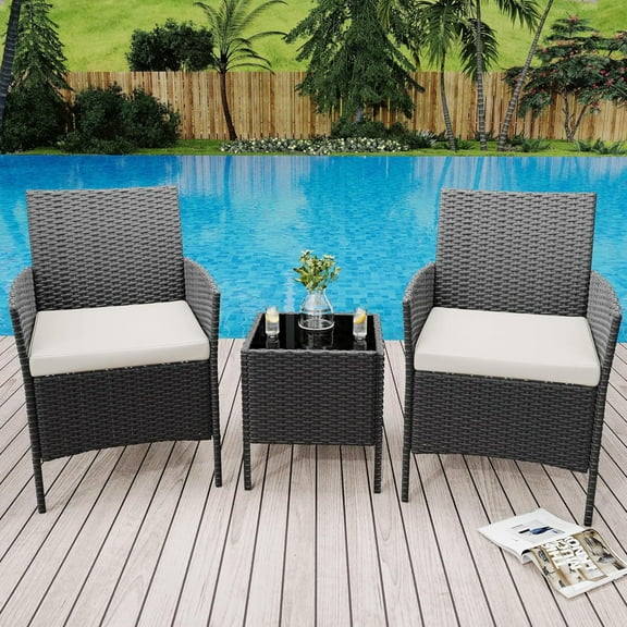 Emorefun 3 Piece Patio Conversation Sets, Outdoor Patio Bistro Sets with Coffee Table for Garden, Yard, Balcony, Black/Beige