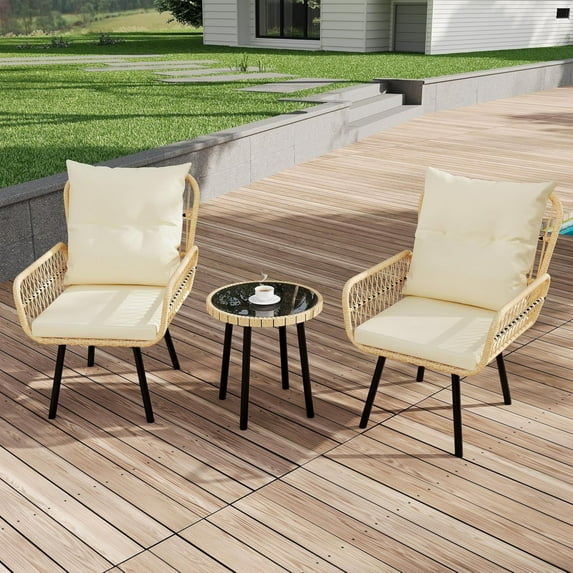 Emorefun 3 Piece Small Patio Set, Outdoor Bistro Table and Chairs with Removable Cushion for Garden, Balcony, Backyard, Beige