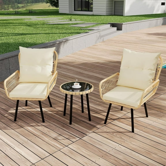 Emorefun 3 Piece Small Patio Set, Outdoor Bistro Table and Chairs with Removable Cushion for Garden, Balcony, Backyard, Beige