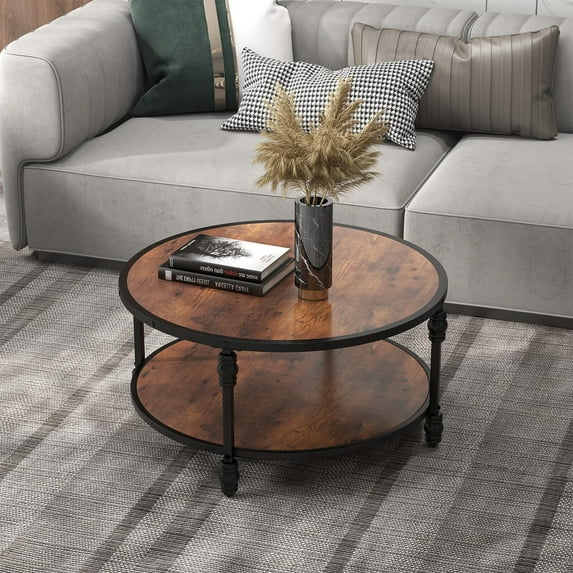 Emorefun 30.5" Small Round Table, 2 Tier Center Table with Storage Shelf & Metal Frame for Living Room, Bedroom, Home Office, Rustic Brown
