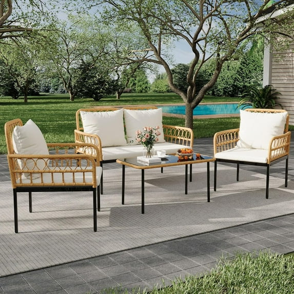 Emorefun 4 Piece Patio Set, Outdoor Wicker Furniture with Coffee Table & Cushions for Backyard, Garden, Beige