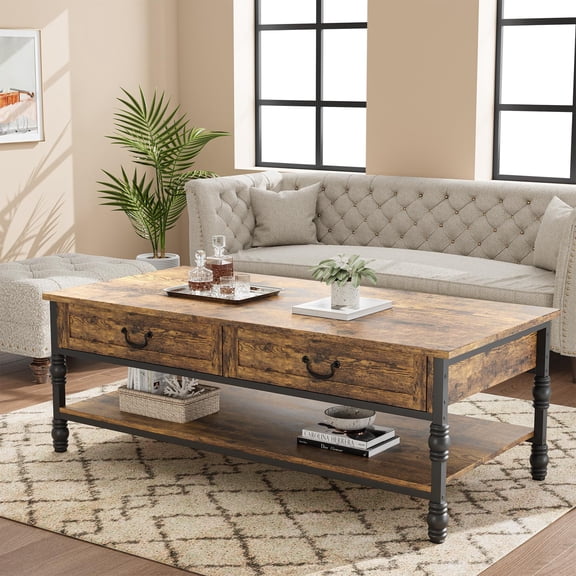 Emorefun 41" Mid Century Modern Coffee Table with 2 Drawers & Storage Shelf for Living Room, Office, Parlor, Reading Room, Rustic Brown