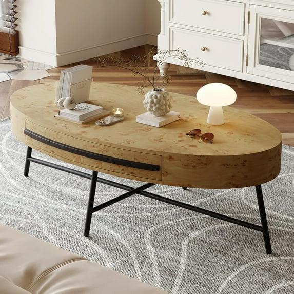 Emorefun 47.2" Coffee Table with Storage, Oval Center Table for Living Room, Golden Willow
