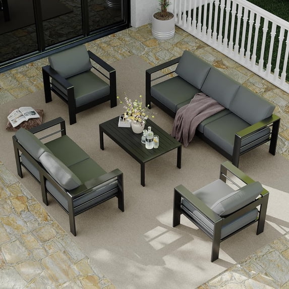 Emorefun 5 Piece Patio Furniture Set, Aluminum Outdoor Furniture with Armrests & Thick Cushions for Porch, Lawn, Backyard, Dark Gray