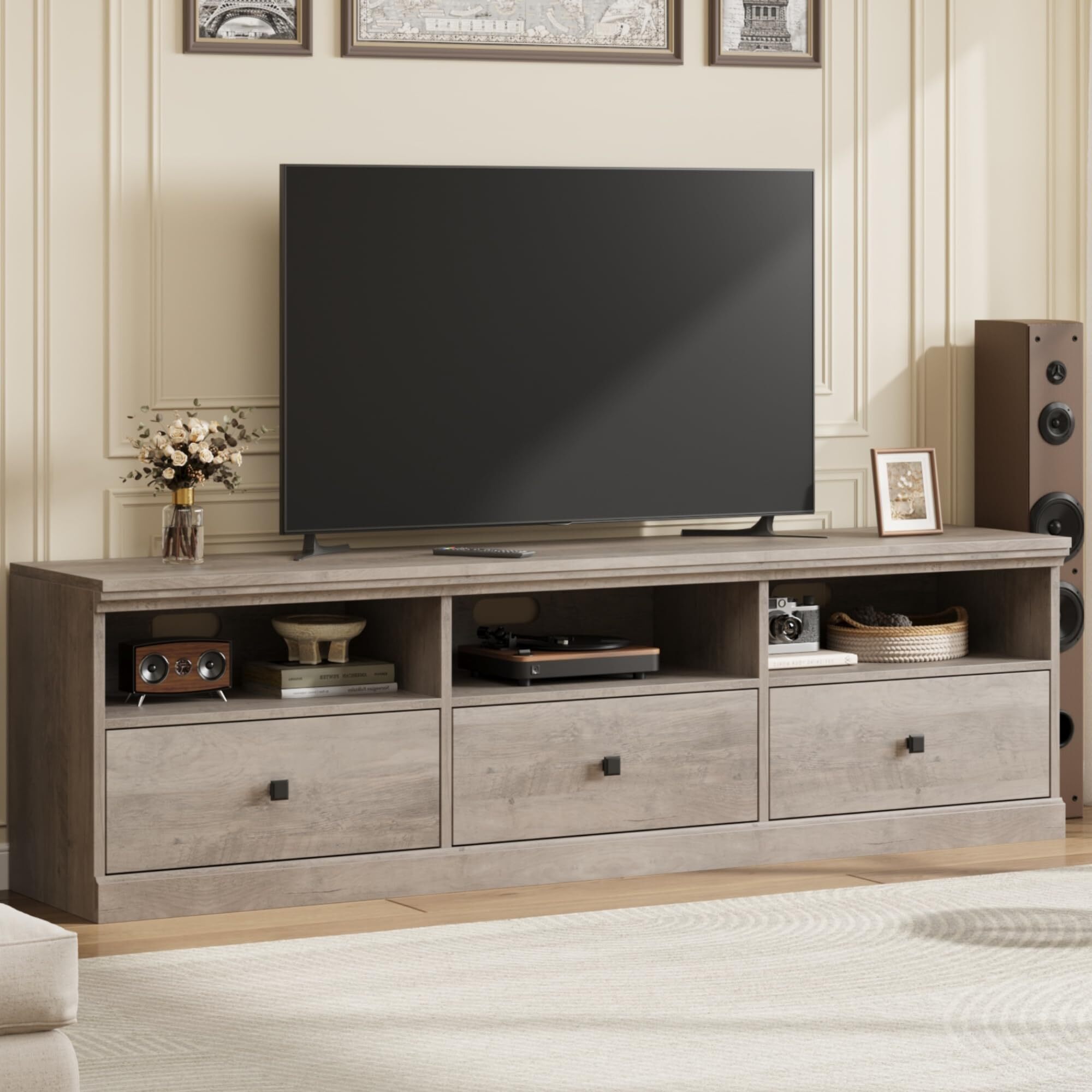 Emorefun 70 Inch Farmhouse TV Stand, Entertainment Center with Storage Drawer & Open Shelves for TVs up to 75 Inch, Gray