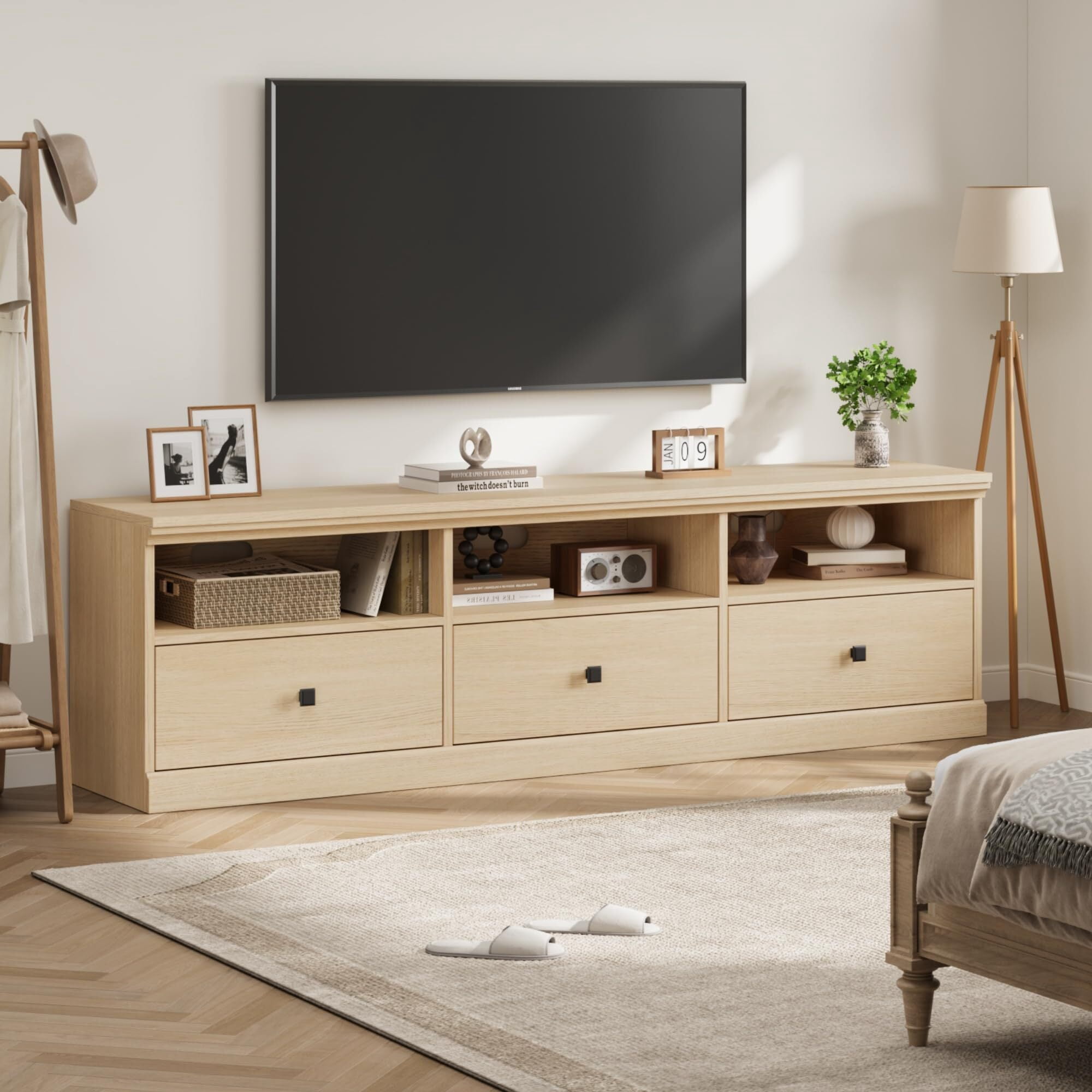 Emorefun 70 Inch Farmhouse TV Stand, Entertainment Center with Storage Drawer & Open Shelves for TVs up to 75 Inch, Light Oak